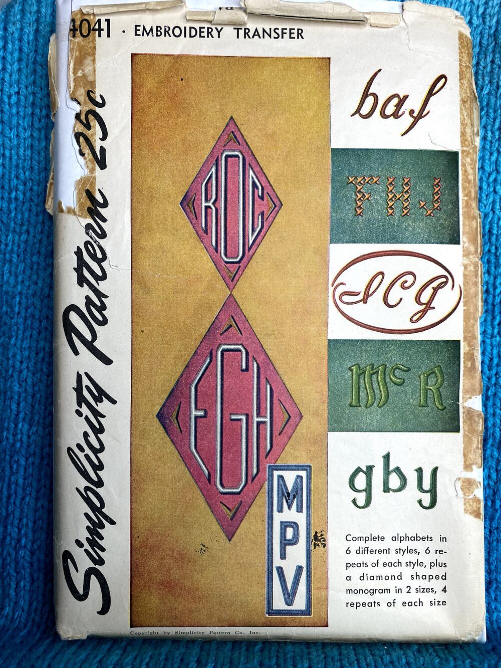 Simplicity Sewing pattern 4041 monogram Alphabet embroidery transfer 1950s